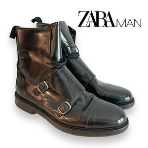 Zara Man Monk Strap Ankle Boots Size 43 Mens 10 Black Moto Combat Lace-Up Gothic